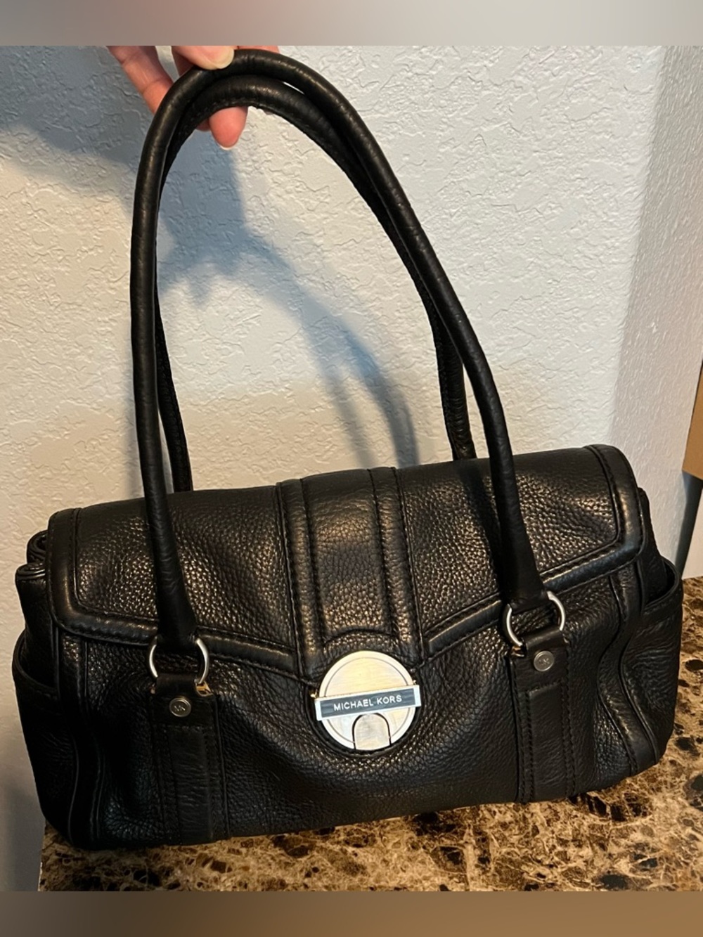 Michael Kors Vintage Black Leather Shoulder Satchel w/ Silver-Tone Clasp & Logo - Picture 3 of 7